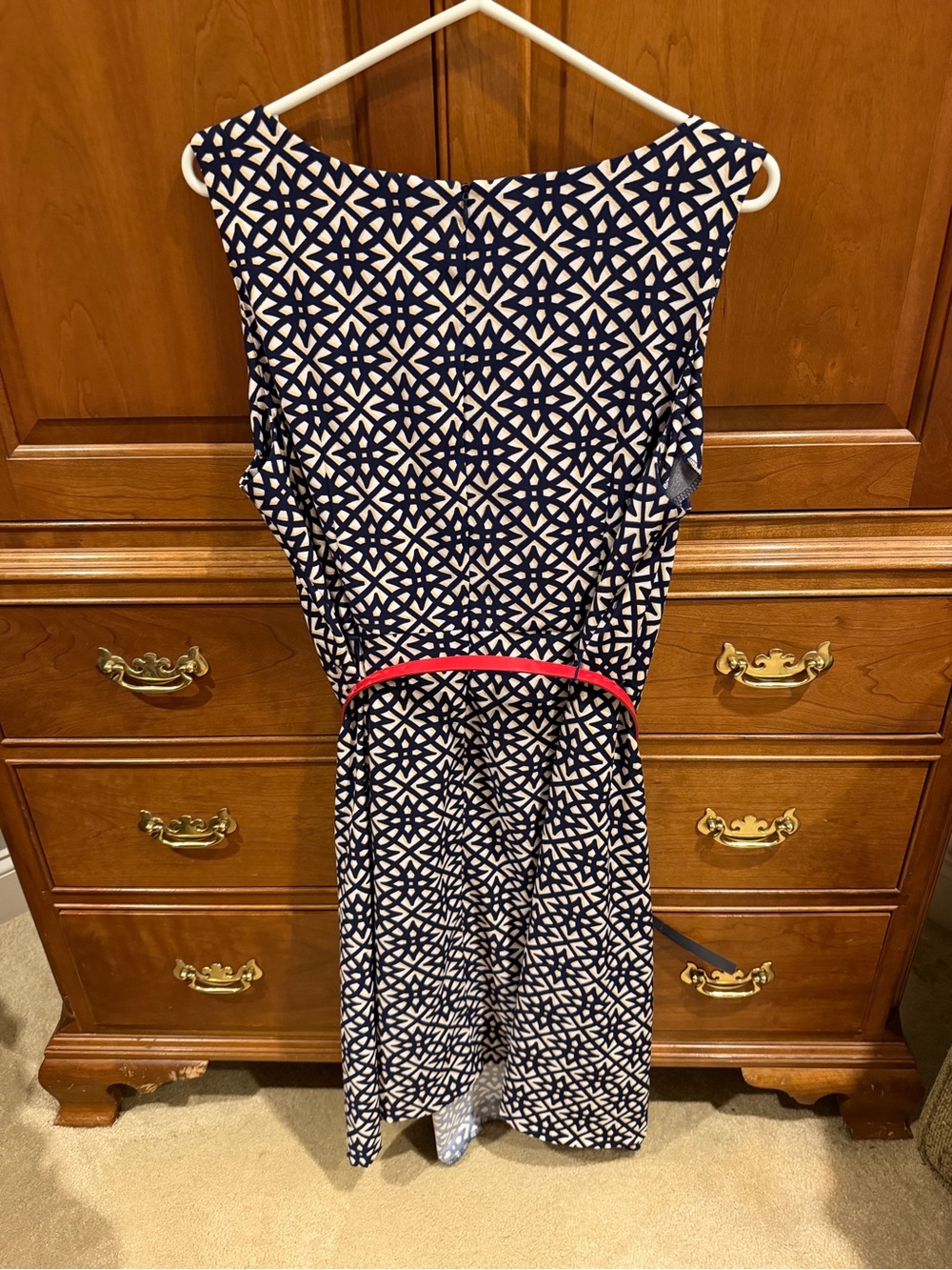 Roz & Ali Navy and White Geometric Dress with Red Belt
